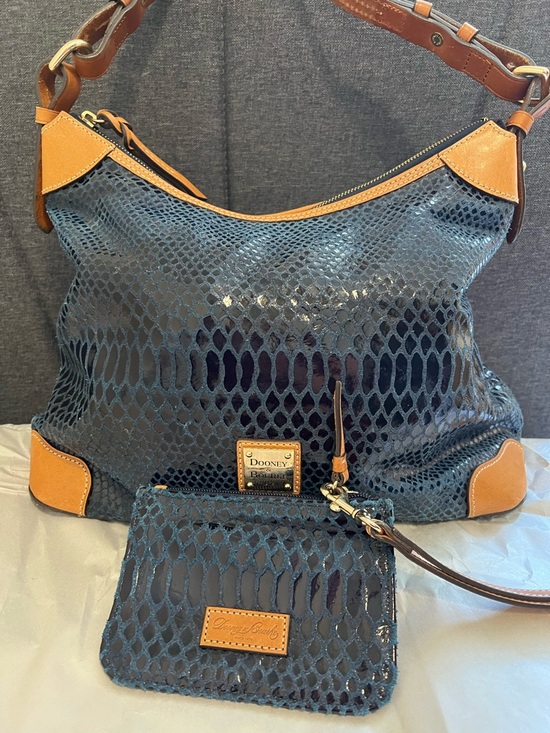 Dooney & Bourke Handbags - Dooney & Bourke Navy Snake-Embossed Leather Shoulder Bag with Tan Trim